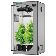 Gray Vivosun grow tent kit, open, featuring two green plants in fabric pots, exhaust fan, grow light, and controller.