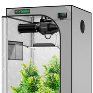 Gray Vivosun smart grow tent with mature cannabis plants, LED light, inline fan, and digital environmental controller.