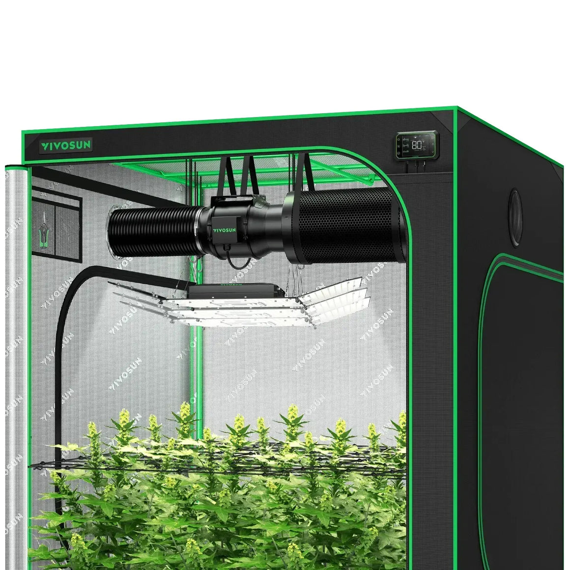Vivosun Smart Grow Tent Kit, black & green, with exhaust fan, LED grow light, digital controller, & flowering plants.