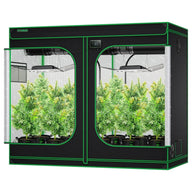 VIVOSUN 4x8 smart grow tent kit, black/green, with 8 cannabis plants, LED lights, and ventilation.