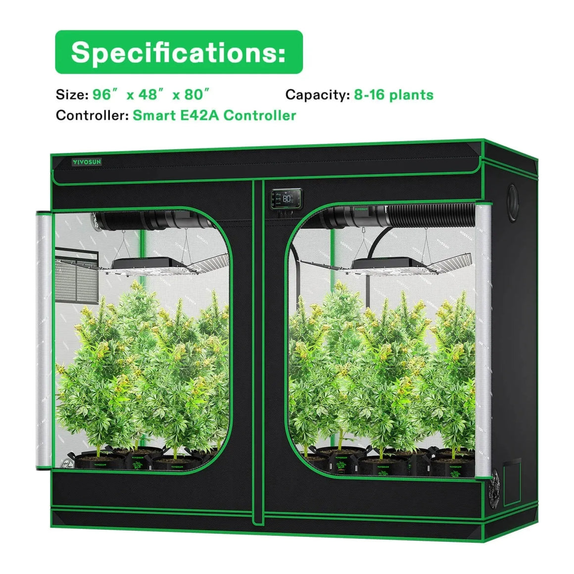 VIVOSUN smart grow tent kit (96x48x80 inches) showing 8+ plants, grow lights, and E42A controller.