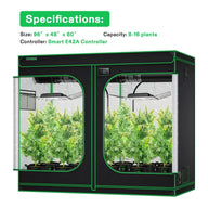 VIVOSUN smart grow tent kit (96x48x80 inches) showing 8+ plants, grow lights, and E42A controller.