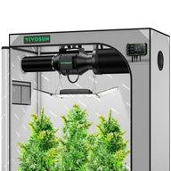 VIVOSUN smart grow tent kit with three flowering plants, exhaust fan, LED grow light, and controller displaying 80°F.