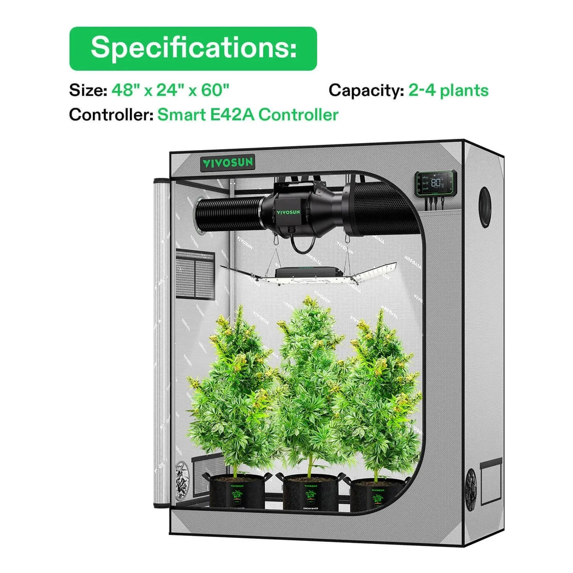 Indoor VIVOSUN smart grow tent kit 48x24x60, with 3 plants, ventilation fan, grow light, and digital controller.