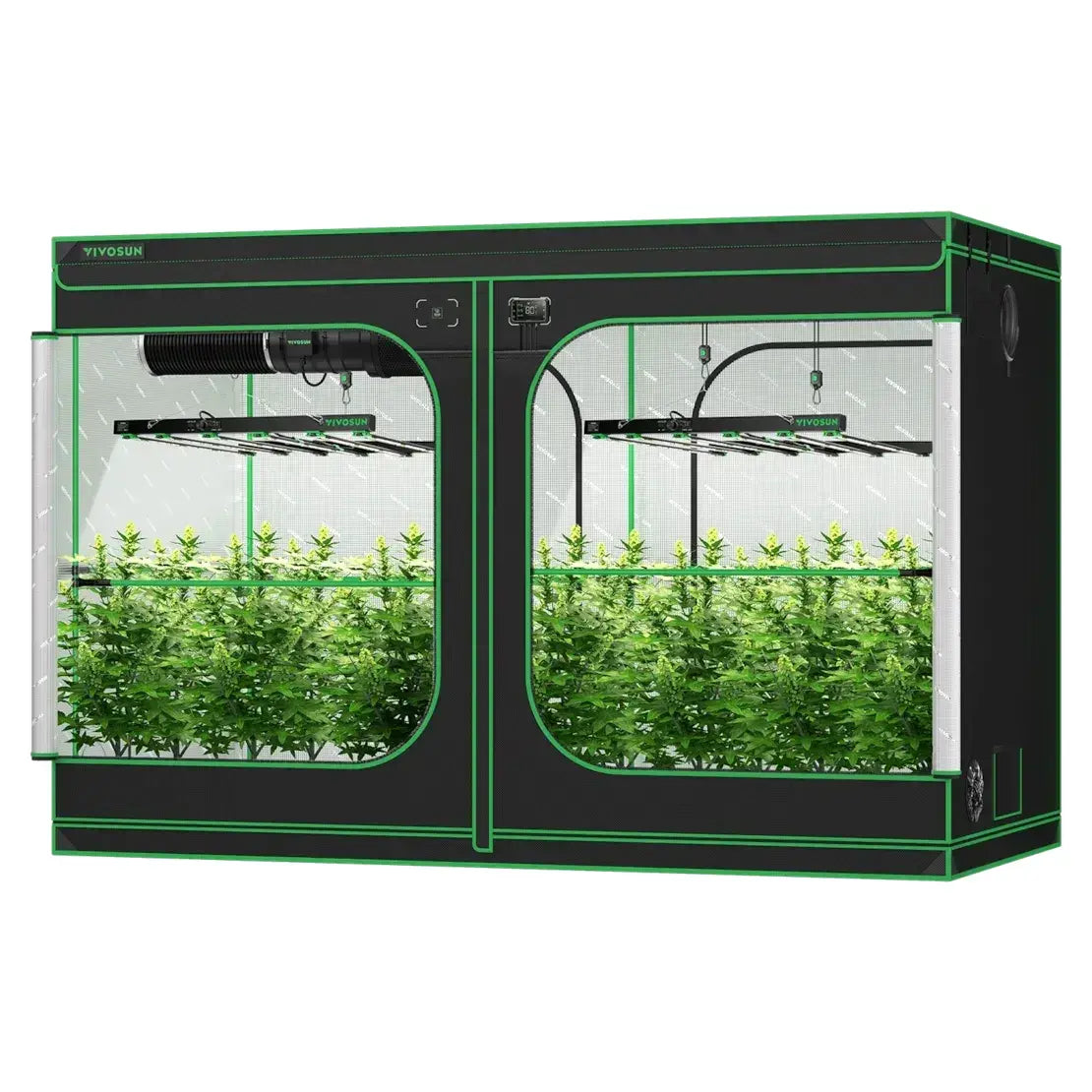VIVOSUN smart grow tent kit with 12 green plants, dual chambers, LED lights, and ventilation system.