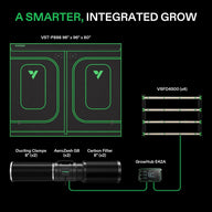 Vivosun smart grow system diagram: 8x8 tent, 4x VSFD4500 lights, AeroZesh G8 fan, carbon filter, GrowHub E42A controller.