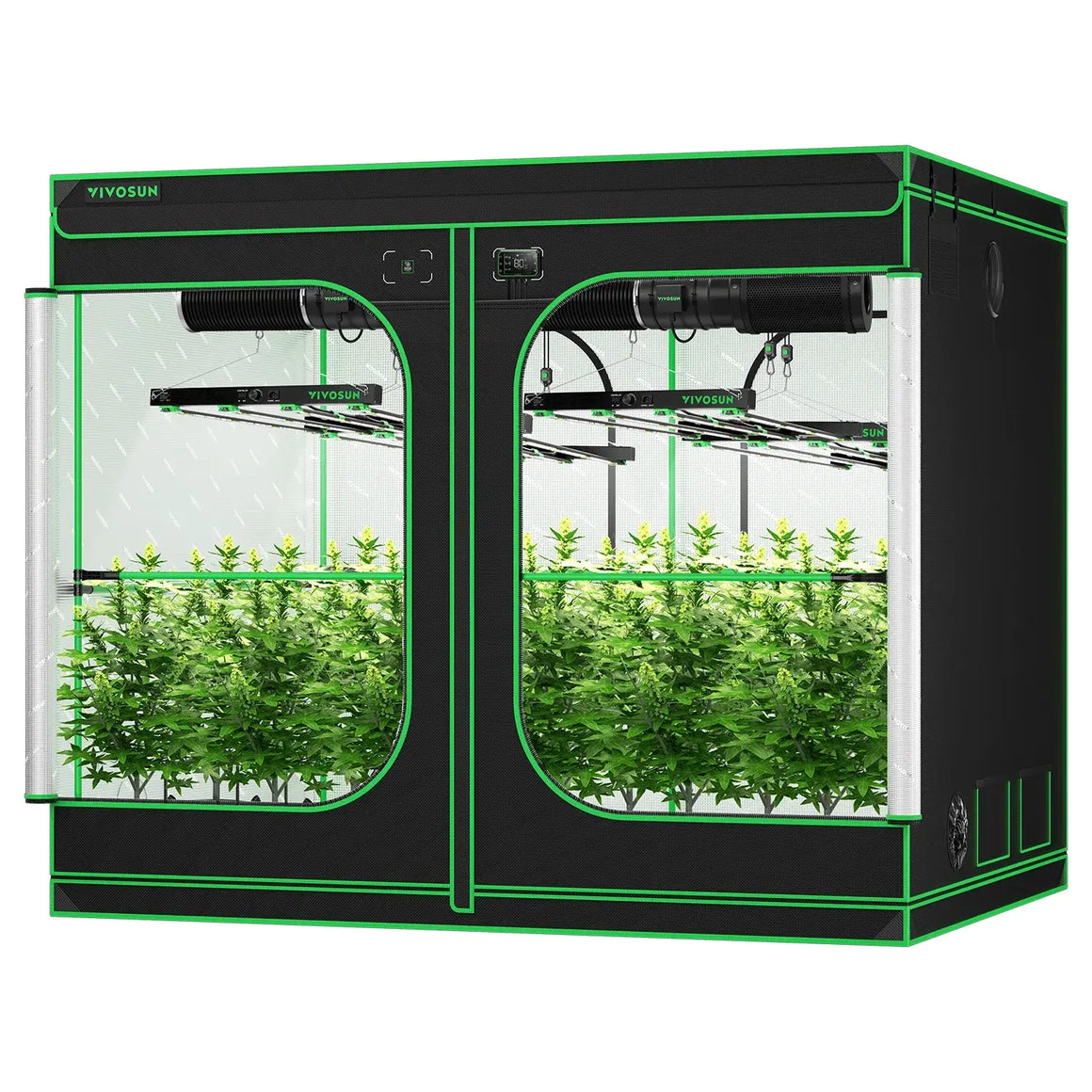 VIVOSUN 8x8 smart grow tent kit with 16 plants, black & green. Shows LED lights, ventilation, and a digital controller.