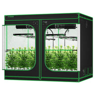 VIVOSUN 8x8 smart grow tent kit with 16 plants, black & green. Shows LED lights, ventilation, and a digital controller.