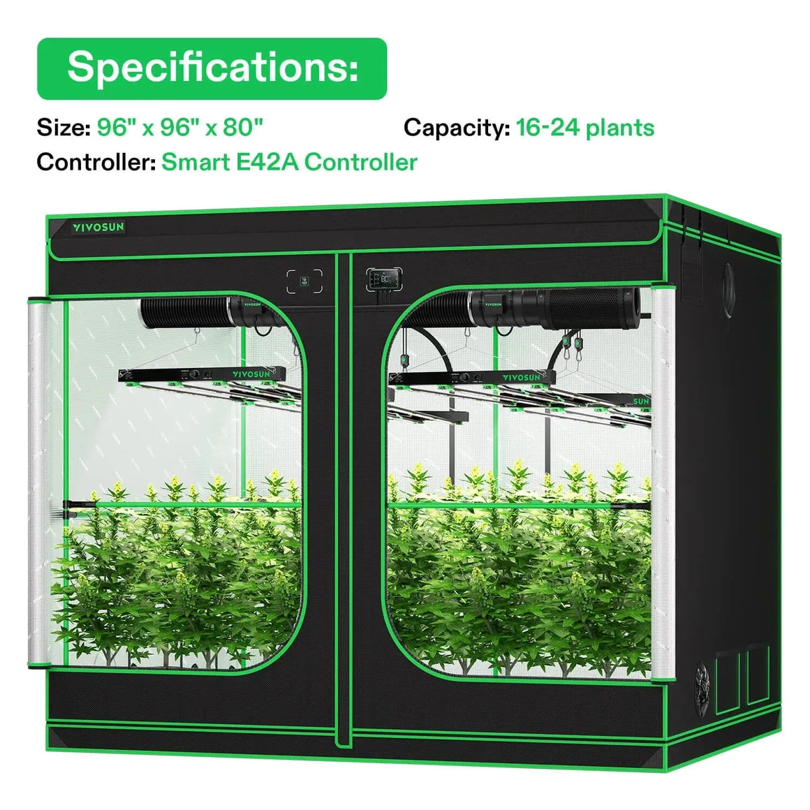 VIVOSUN Smart Grow Tent Kit Pro, 8x8 ft (16-24 plants), black & green, showing plants, lights & controller inside.