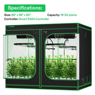 VIVOSUN Smart Grow Tent Kit Pro, 8x8 ft (16-24 plants), black & green, showing plants, lights & controller inside.