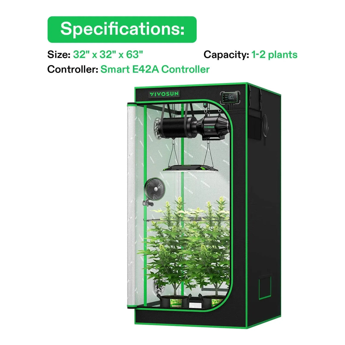 Vivosun smart grow tent kit pro for 1-2 plants, 32x32x63 inches, with Smart E42A Controller, plants, fan, light.