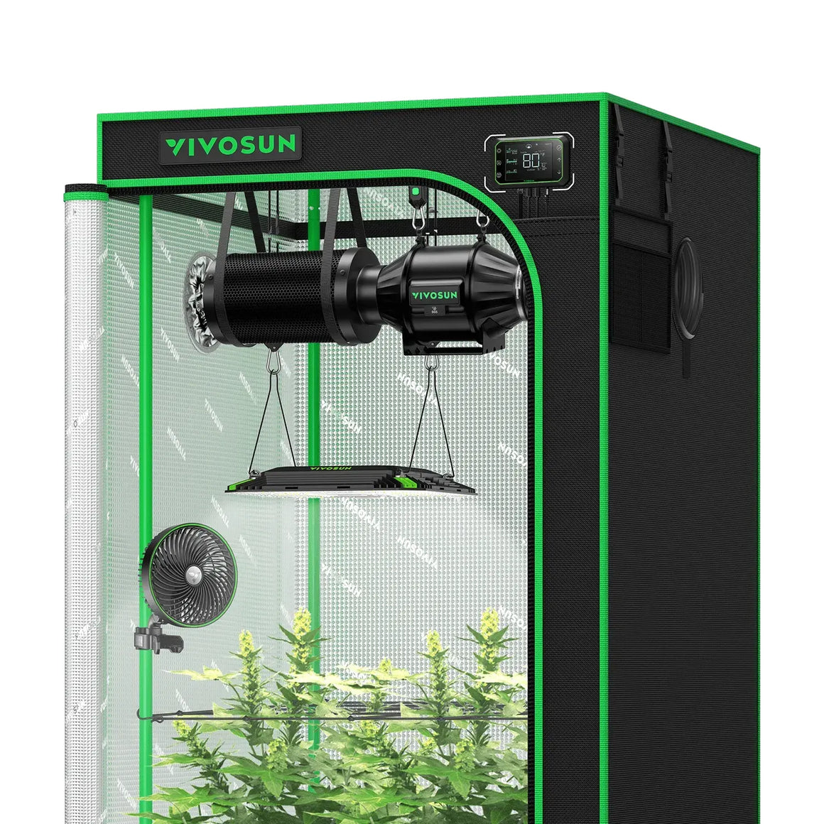 VIVOSUN black & green smart grow tent kit with flowering plants, LED light, inline fan, and digital controller.