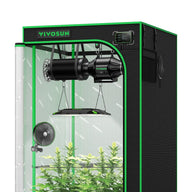 VIVOSUN black & green smart grow tent kit with flowering plants, LED light, inline fan, and digital controller.