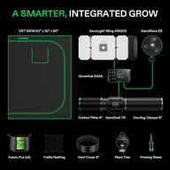 VIVOSUN smart grow tent kit pro: tent, AeroLight, AeroWave, GrowHub, AeroZesh fan, carbon filter, pots, and tools.