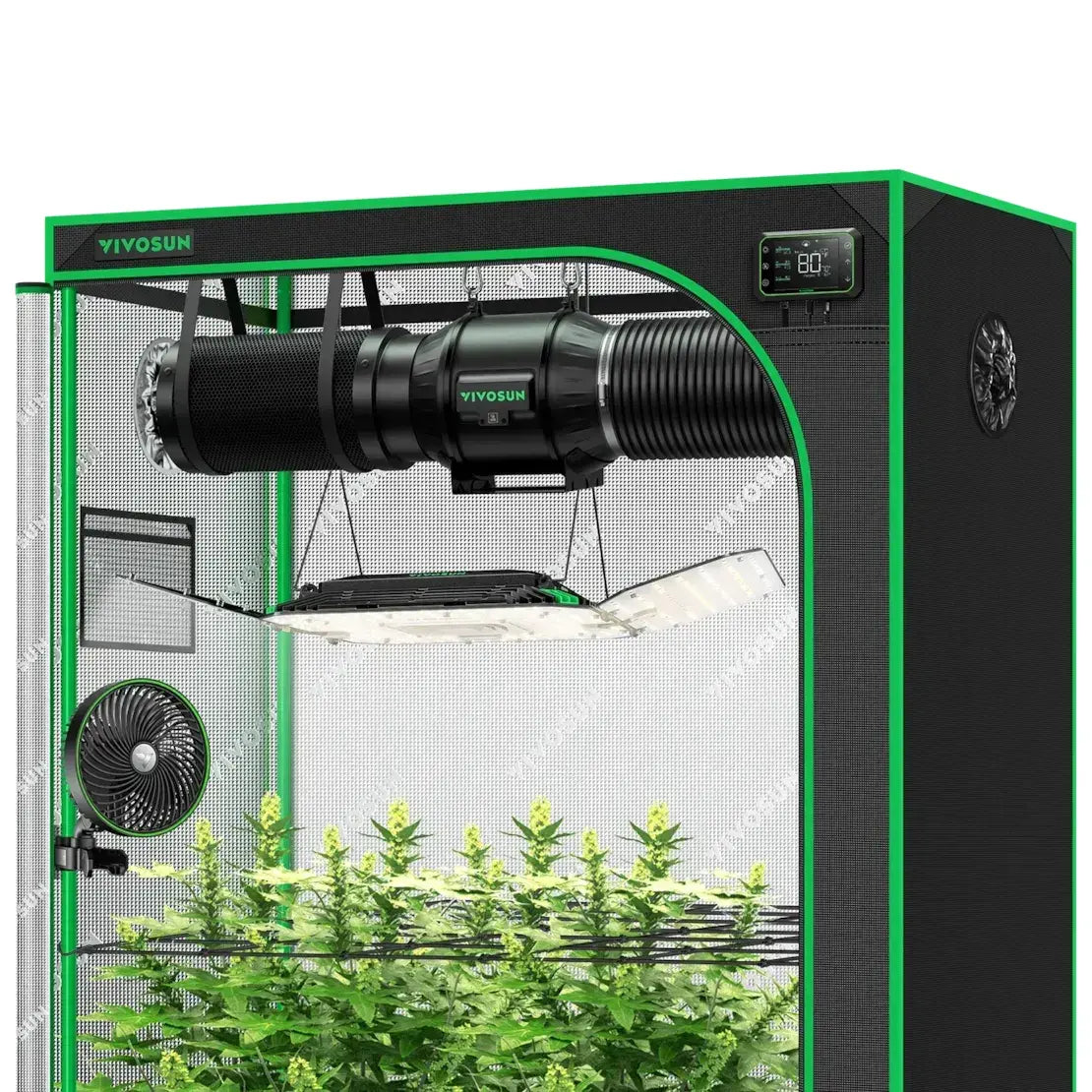 VIVOSUN smart grow tent kit, black with green trim, featuring plants, LED grow light, inline fan, and controller.