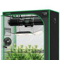 VIVOSUN smart grow tent kit, black with green trim, featuring plants, LED grow light, inline fan, and controller.