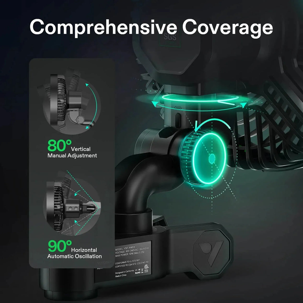 Black VIVOSUN smart grow tent fan with 80° vertical and 90° horizontal oscillation for comprehensive coverage.