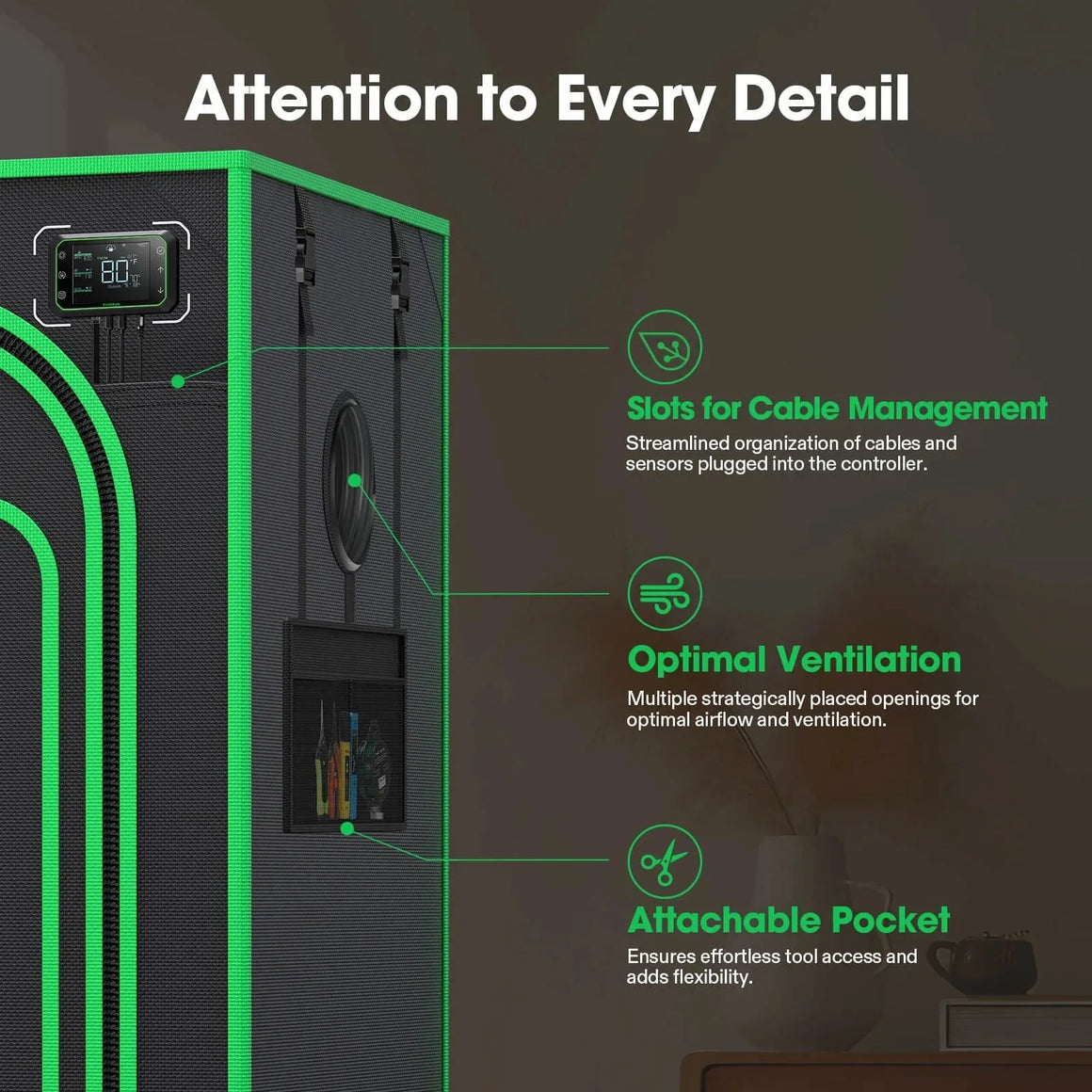 Green and dark grey grow tent with digital controller, round ventilation port, and mesh tool pocket.