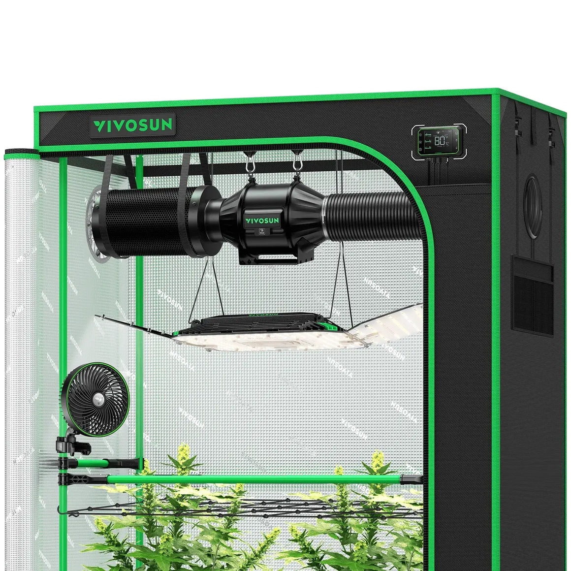 Black and green VIVOSUN smart grow tent kit showing cannabis plants, LED grow light, exhaust fan, carbon filter, digital control.