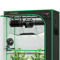 Black and green VIVOSUN smart grow tent kit showing cannabis plants, LED grow light, exhaust fan, carbon filter, digital control.