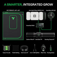 Vivosun smart grow tent kit with VST-P558 tent, AeroLight, fans, GrowHub controller, carbon filter, and cultivation tools.