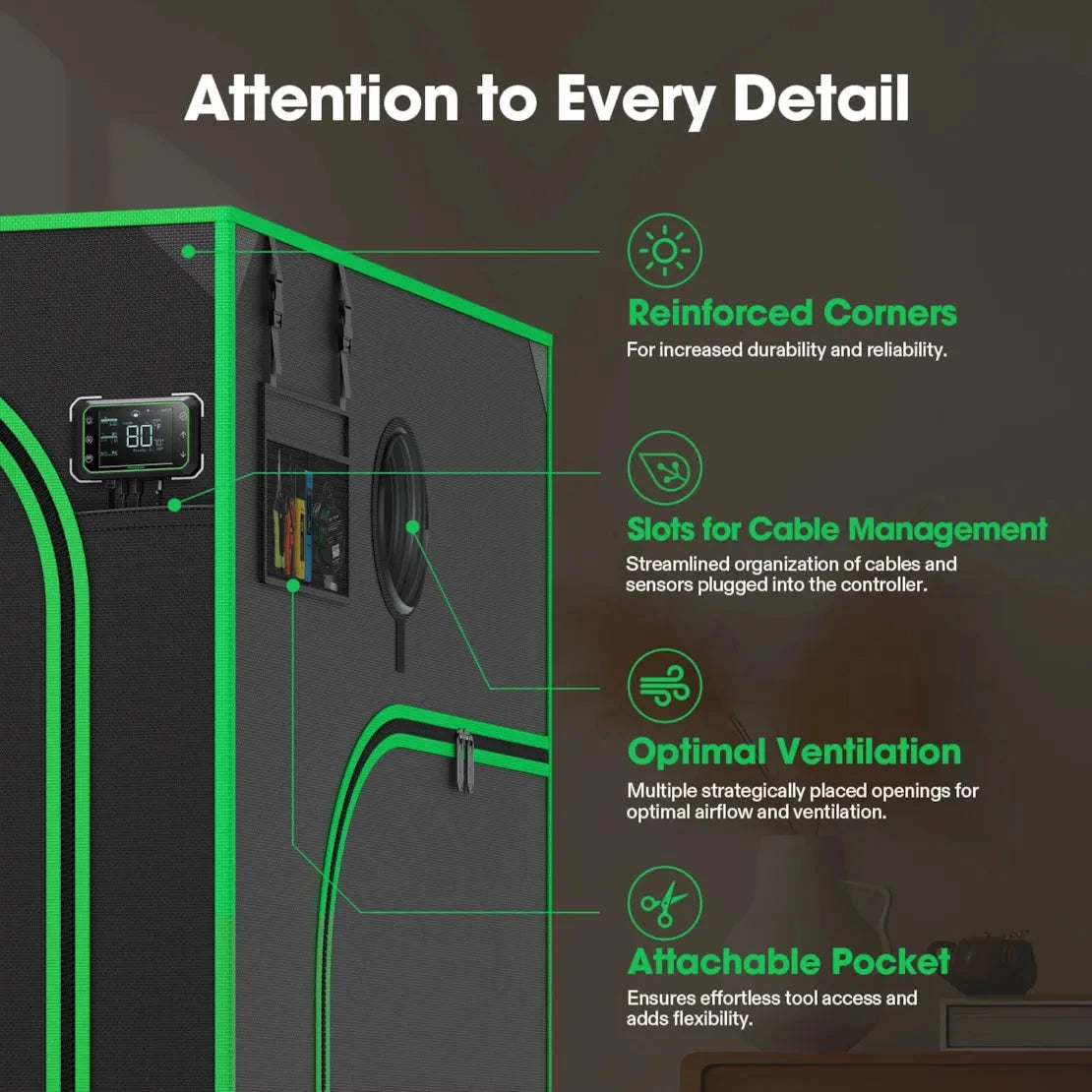 Smart plant grow tent, dark grey with green trim, showing reinforced corners, cable management, ventilation, and pocket.