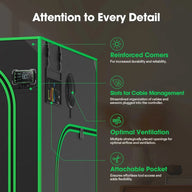 Smart plant grow tent, dark grey with green trim, showing reinforced corners, cable management, ventilation, and pocket.
