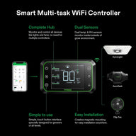 VIVOSUN Smart Multi-task WiFi Controller showing indoor/outdoor stats, with mobile app, AeroLight, AeroZesh, and Clip Fan.