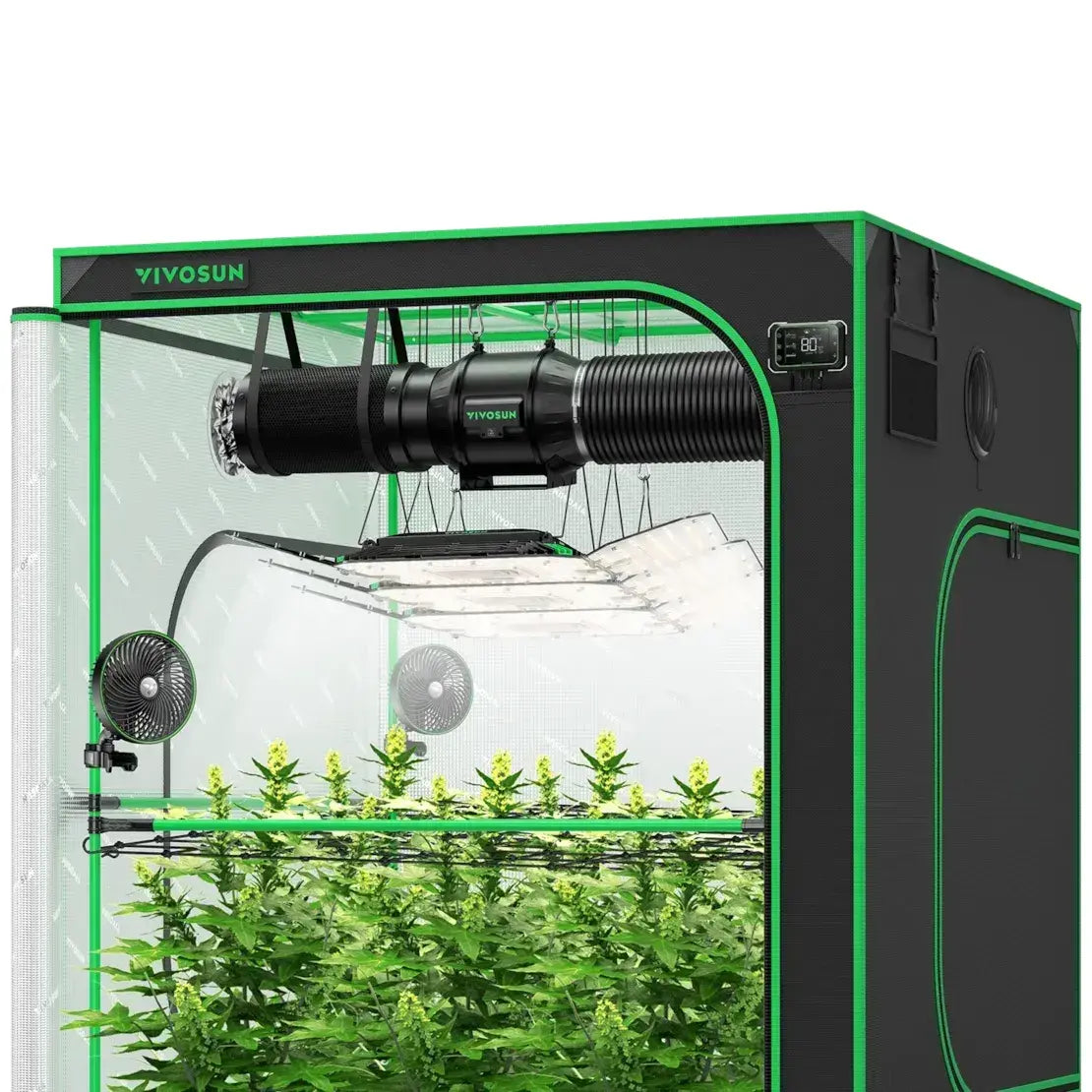 Vivosun black and green smart grow tent with flowering plants, LED grow light, exhaust fan, filter, and digital display.