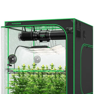 Vivosun black and green smart grow tent with flowering plants, LED grow light, exhaust fan, filter, and digital display.