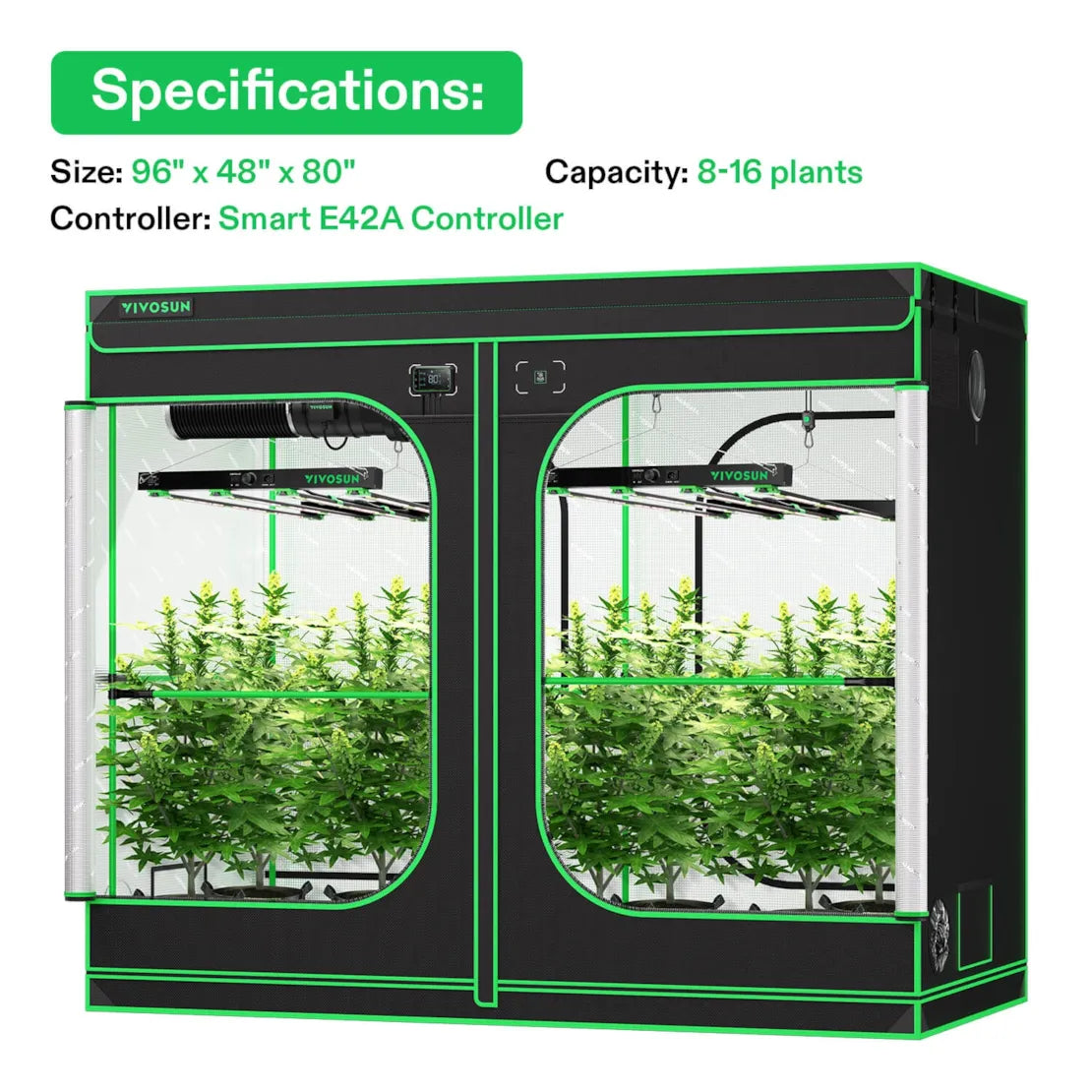 YIVOSUN black and green 96x48x80 smart grow tent showing interior with lights, multiple plants, and specifications.