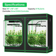 YIVOSUN black and green 96x48x80 smart grow tent showing interior with lights, multiple plants, and specifications.