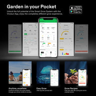 Vivosun Smart Grow System app on iPhones, showing garden environment data, plant stages, and remote monitoring.