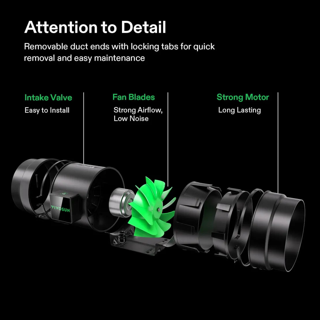 Exploded view of a VIVOSUN black inline duct fan, showing its green impeller, intake valve, fan blades, and motor.