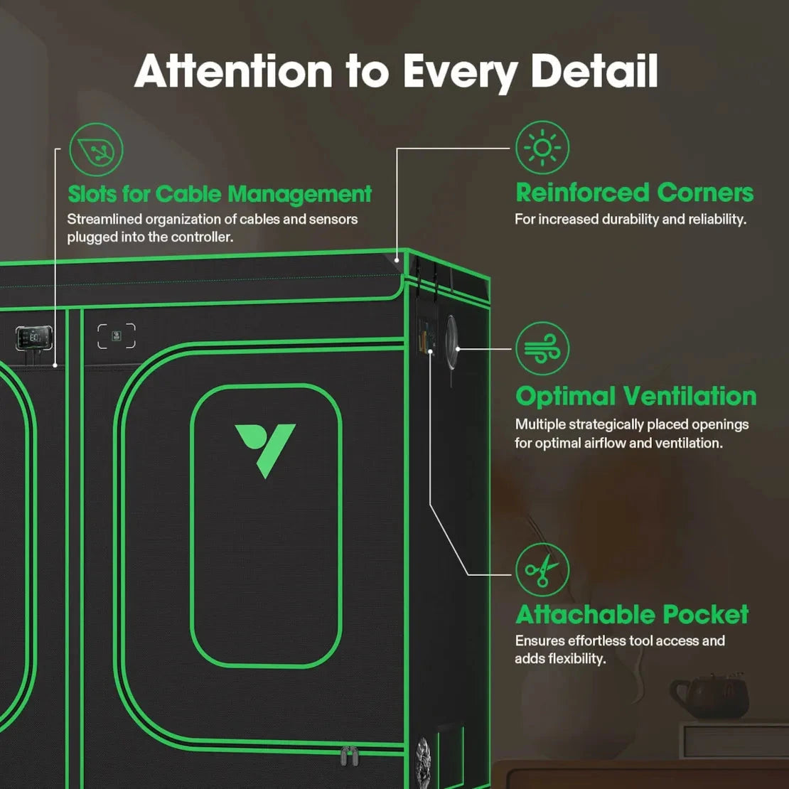 Black Vivosun smart grow tent with green accents, detailing features like cable management, reinforced corners, ventilation.