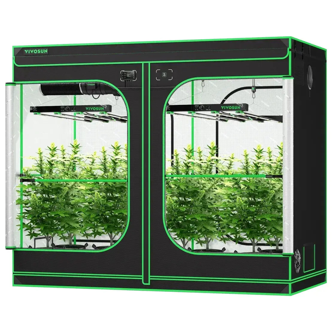 VIVOSUN smart grow tent kit, black and green, showing two sections with green cannabis plants under LED grow lights.