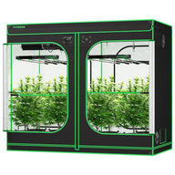 VIVOSUN smart grow tent kit, black and green, showing two sections with green cannabis plants under LED grow lights.