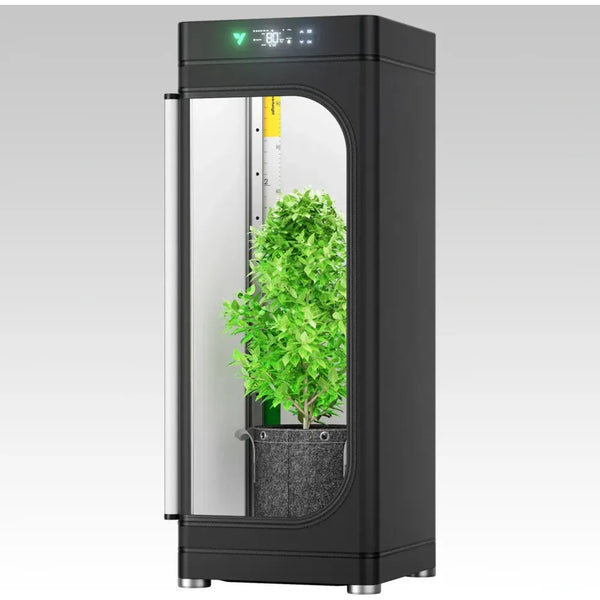 Black Vivosun Vgrow smart grow box with a clear door, showcasing a lush green plant. Modern indoor garden system.