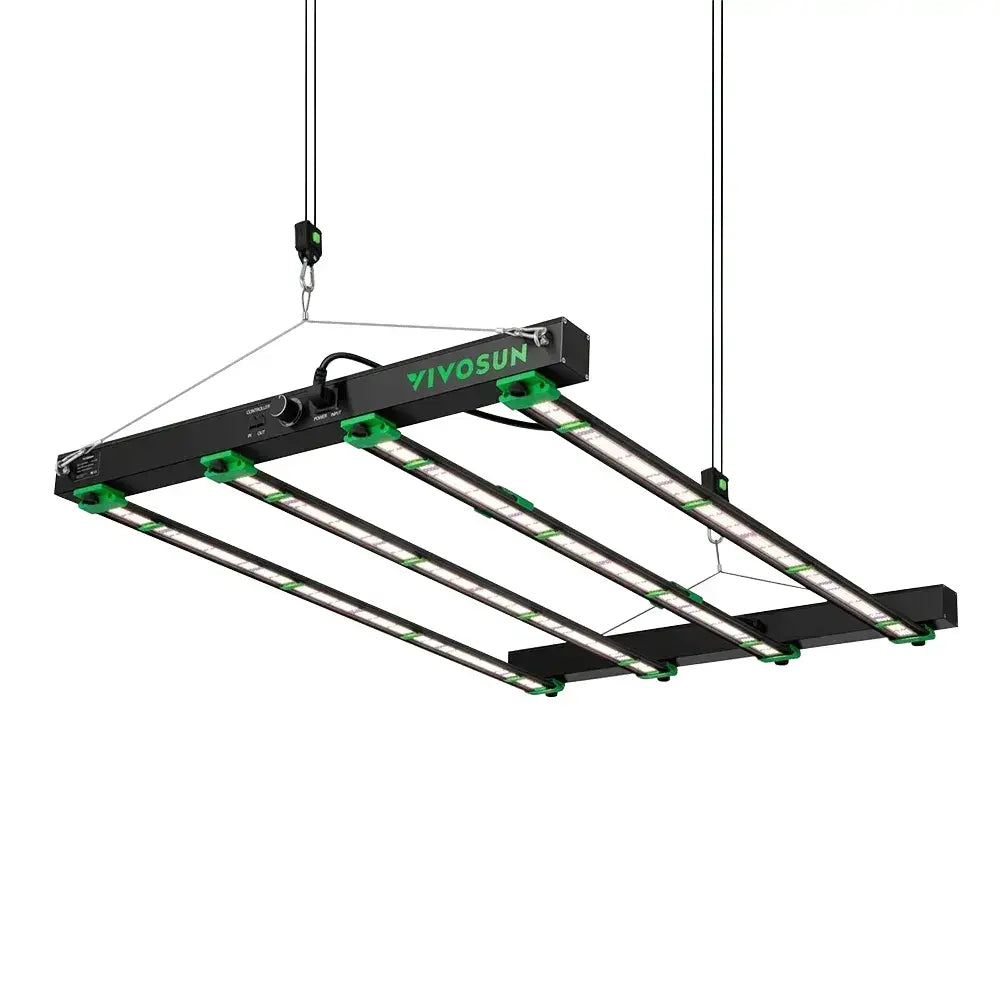 Vivosun VSfd4500 full spectrum LED grow light, black frame with green accents, six illuminated bars.