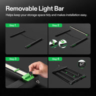VIVOSUN full spectrum LED grow light assembly guide: 4 steps showing removable light bar installation with green clips and hooks.