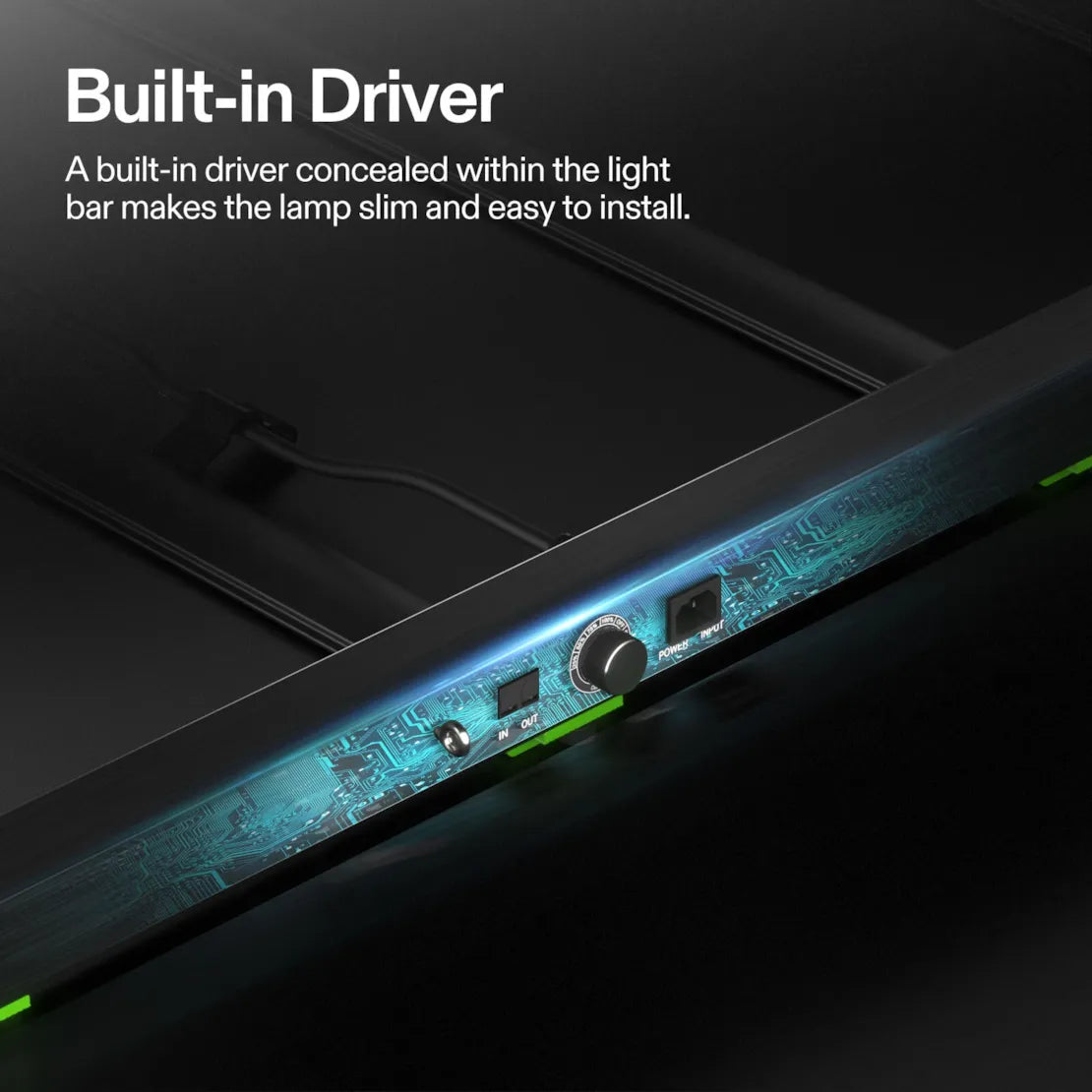 Black Vivosun LED grow light bar with translucent panel revealing glowing blue internal circuit board, knob, and ports.