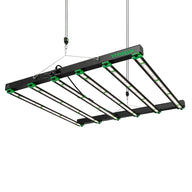 Vivosun VSFD6500 full spectrum LED grow light with black frame, green accents, and 6 bright bars, suspended.