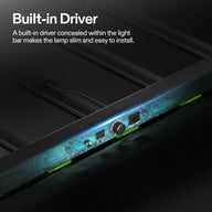 Black LED grow light bar with translucent view of glowing blue circuit board and built-in driver, showing power input and ports.