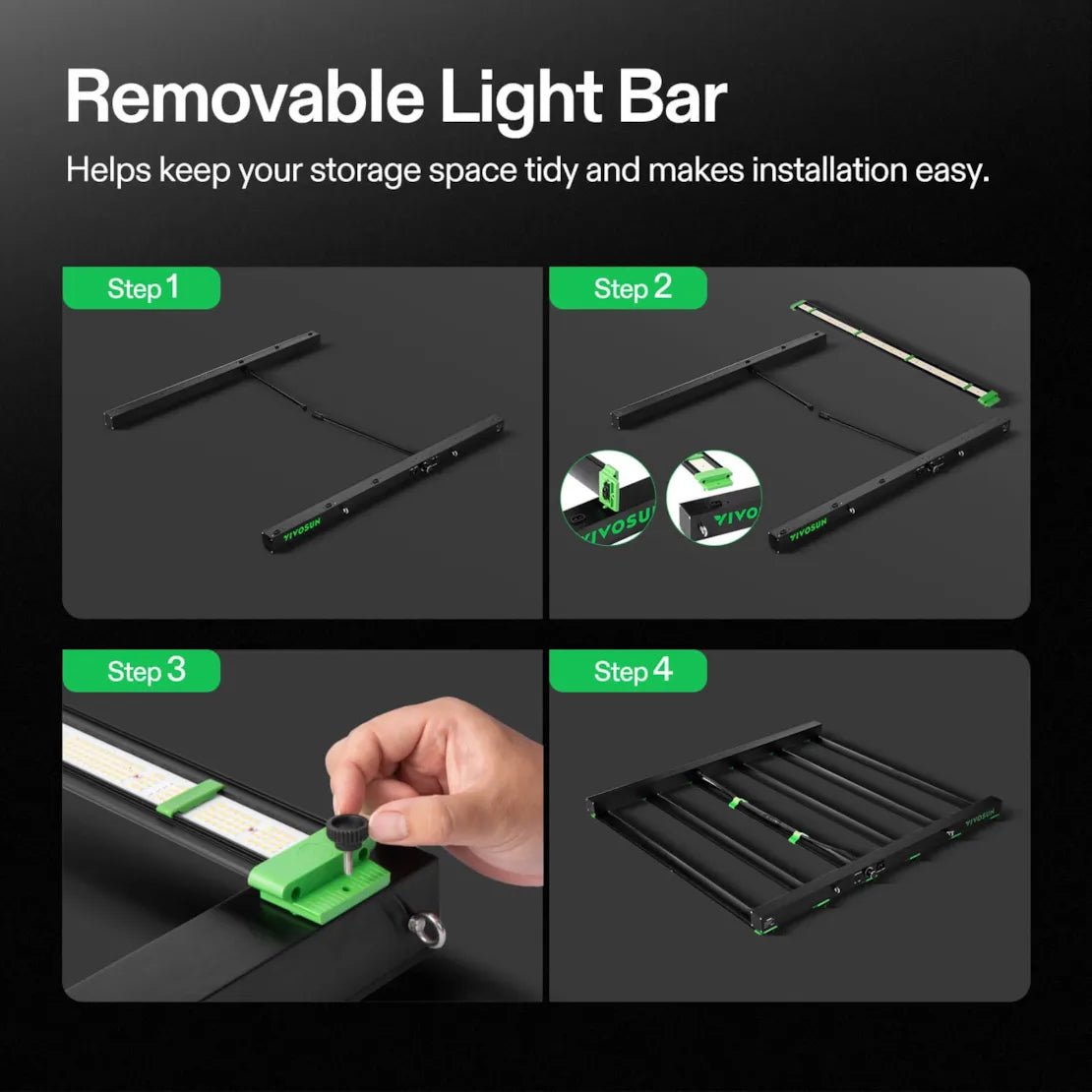 4-step assembly guide for VIVOSUN removable LED grow light bar, attaching green light strips to a black frame.