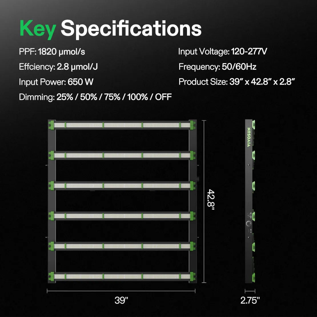VIVOSUN VSFD6500 full spectrum LED grow light, 6-bar design, with dimensions (39x42.8x2.75") and specifications.