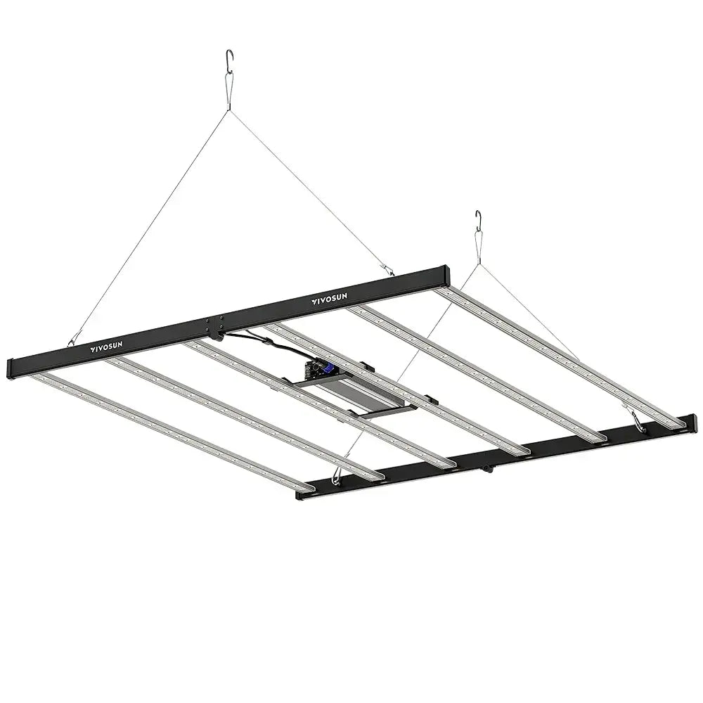 Vivosun VSFL6450 full spectrum LED grow light, black frame with 6 silver bars, suspended for indoor plants.