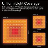 Three PPFD heatmaps show LED grow light uniform coverage at 12, 18, 24-inch heights across a 4x4 ft area, orange to red.