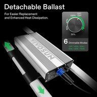 Silver VIVOSUN detachable LED grow light ballast with ribbed design, 6 dimmable modes, and IP65 rating.