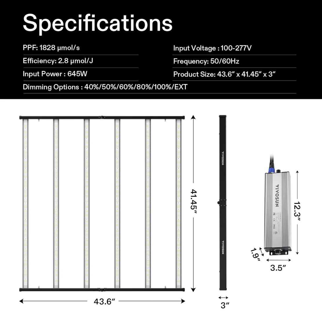 VIVOSUN VSFL6450 full spectrum LED grow light with specifications: PPF 1828, 645W, and dimensions.