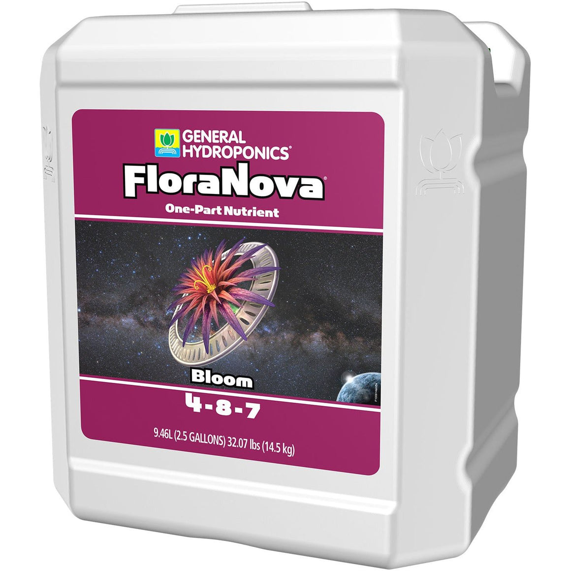 General Hydroponics FloraNova Bloom 4-8-7 nutrient solution jug.